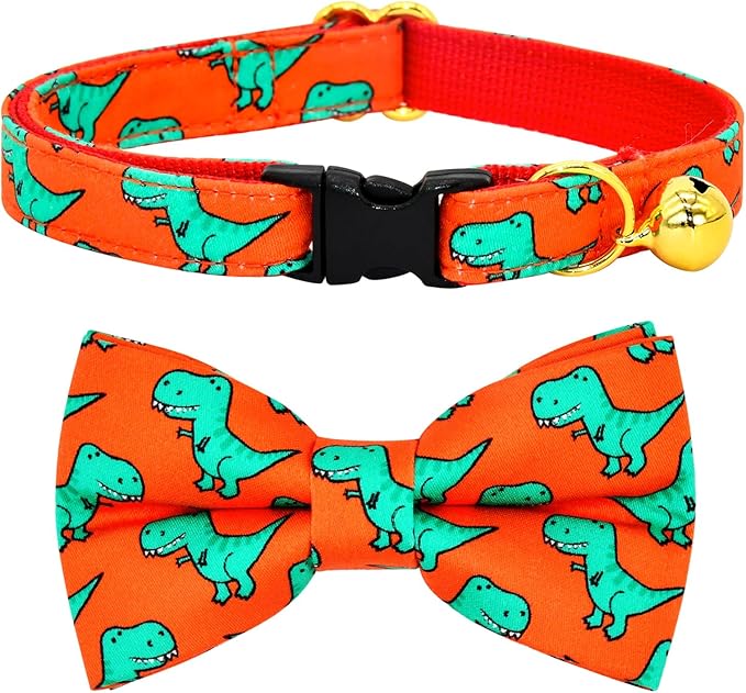 Cat Collar Bow Set, Green Dinosaur Red Background, Wedding/Birthday Breakaway Collar Bowtie for Kitten/Cat