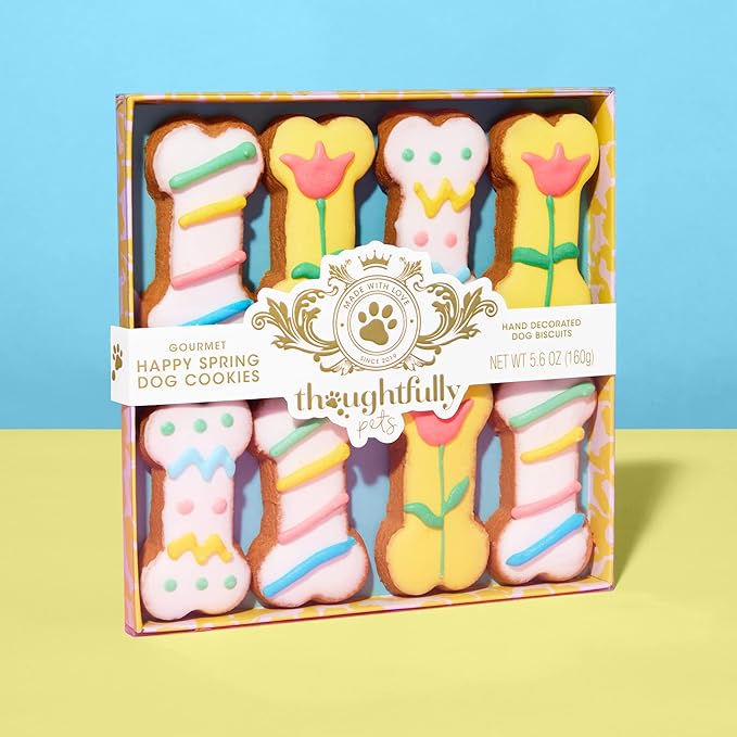 Thoughtfully Pets, Gourmet Dog Cookie Gift Set, Peanut Butter Flavored Crunchy Dog Treats in Bone Shape with Easter Spring Designs, Set of 8