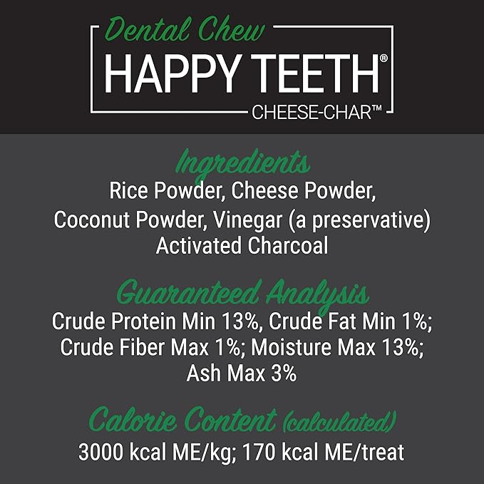 Happy Teeth Cheese & Charcoal Dental Dog Chews | Cheese Flavor with Activated Charcoal | Dental Chew | Protein Rich | Gluten Free - Lactose Free - Wheat Free - Soy Free| 2 Chews per Resealable Pouch