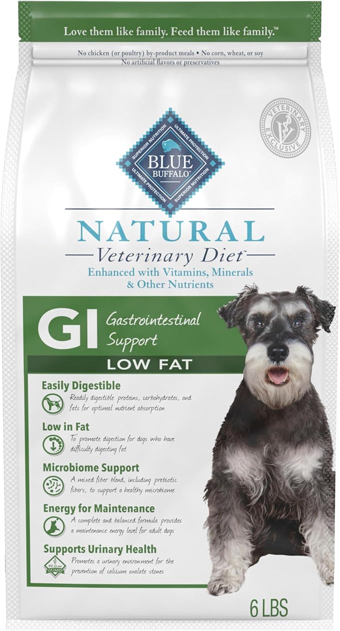 Blue Buffalo Natural Veterinary Diet GI Gastrointestinal Support Low Fat Dry Dog Food, Veterinarian Prescription Required, Whitefish, 6-lb. Bag