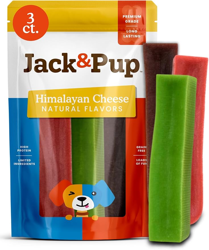 Jack&Pup Naturally Flavored Yak Cheese Himalayan Dog Chews | Dog Yak Chews for Large Dogs Aggressive Chewers | Hard Yak Cheese Stick (9oz, 3 Pack) Blueberry, Strawberry, Mint