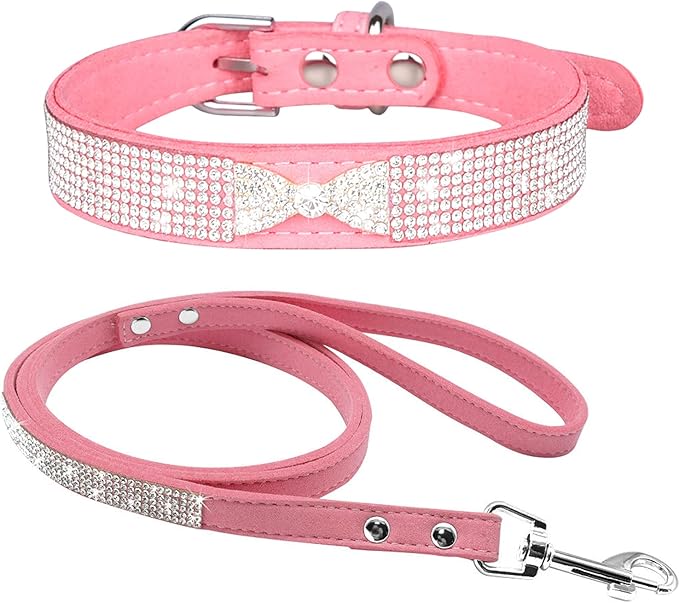 Cute Dazzling Sparkling Elegant Fancy Soft Suede Leather Bling Rhinestone Crystal Jeweled Pet Cat Dog Puppy Collar Dog Leash Combo Set (XS, Pink-6)