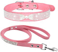 Cute Dazzling Sparkling Elegant Fancy Soft Suede Leather Bling Rhinestone Crystal Jeweled Pet Cat Dog Puppy Collar Dog Leash Combo Set (XS(Neck8-10), Pink-3)
