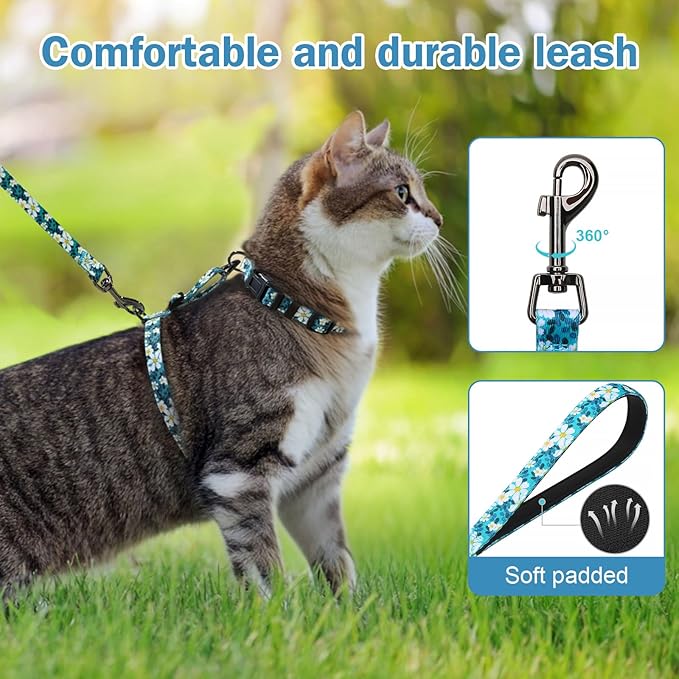 Hikiko Cat Harness and Leash Set Escape Proof Adjustable Walking Travel Cute Girl Kitten Harness for Small Medium Large Cats (Green Flower, M)