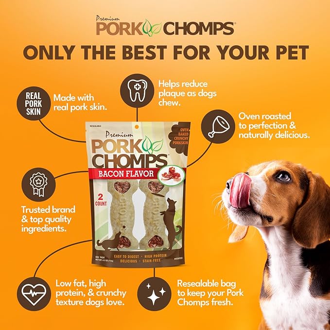 Pork Chomps Dog Chews, 4-inch Crunchy Bones, Bacon Flavor, 2 Count (Pack of 2)
