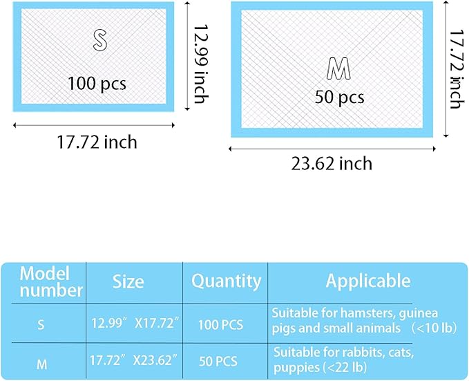 100 Pcs Guinea Pig Pee Pads, Disposable Rabbit Cage Liners Bunny Potty Training Accessories with Quick-Dry Surface for Puppy Kitten Hamsters Hedgehog（12.9"x17.7"） (Blue, S)