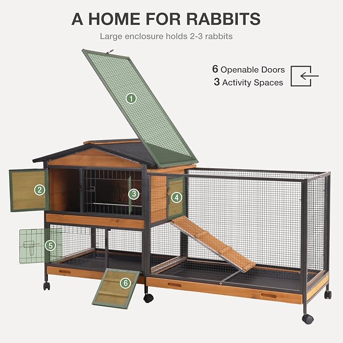 Rabbit Hutch Indoor/Outdoor Bunny Cage with 6 Wheels 2 Story 2 Trays Rabbit Cage Chew-Proof Ramp and Metal Frame – Ideal for Guinea Pig Cage