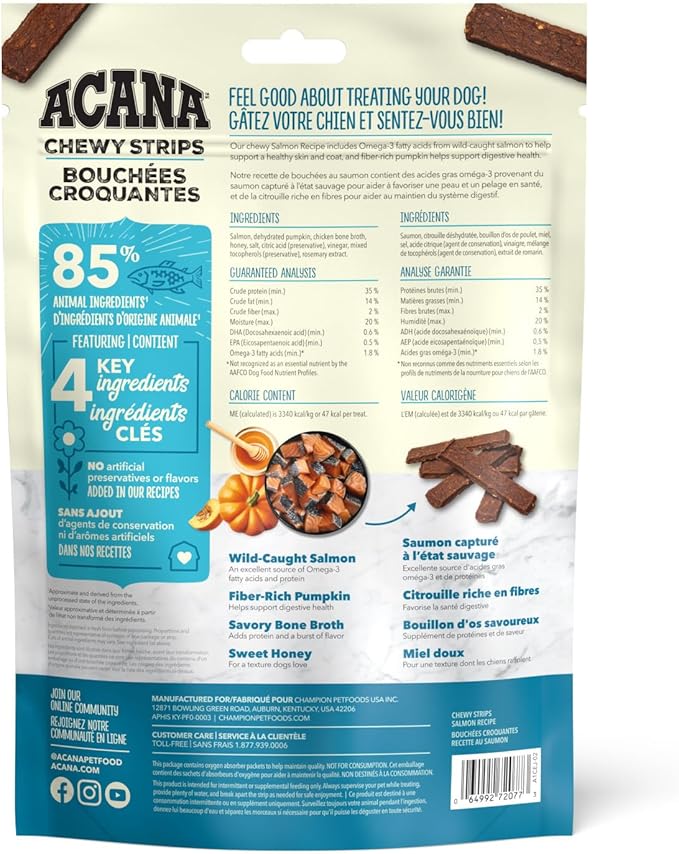 ACANA Chewy Strips Limited Ingredient Dog Treats Salmon Recipe with Skin, Coat, & Digestive Support 4oz Bag