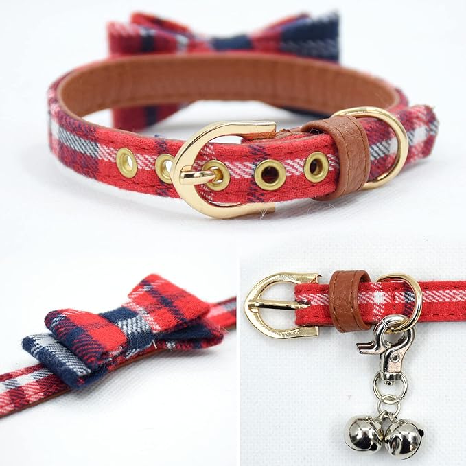 3PCS Bow Tie Dog Collar and Leash Set Plaid/Camo/Dots/Flower Dog Bandanas with Bell 3 Size Adjustable for Small Dogs Puppies and Cats (XS, Red Plaid 3)