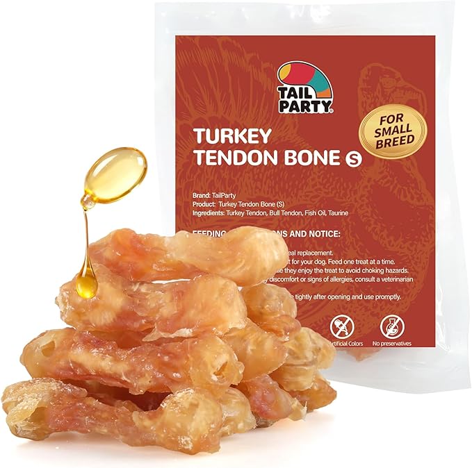 TailParty Turkey Tendons for Dogs with Fish Oil & Taurine: All Natural Dental Chews & Training Treats for Small Dogs, Long Lasting Snack for Health-Conscious Pet Owners(Bone, 8 oz)