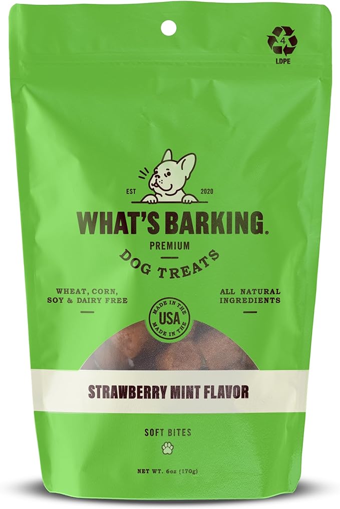 What's Barking Soft Bites, Soft Chewy Dog Treats for Training or Snacking, Pet Essentials, Bite Size Pieces for Dogs, Natural Ingredients, Made in USA, Resealable Bag (Pack of 1, Strawberry Mint)