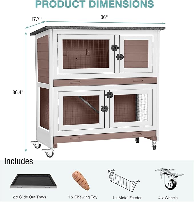 Suumerpety 2-Tier Wooden Rabbit Hutch Indoor Bunny House Guinea Pig Cage with Sliding Plastic Trays Wheels for Easy Cleaning Ventilation Design and Mobility, 36 Inch Small Animal Home (Brown, M)