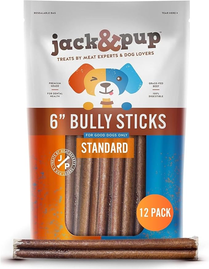 Jack&Pup 6" Bully Sticks for Dogs | Premium Odor Free Bully Sticks for Large Dogs | All Natural Beef Pizzle Sticks (6 Inch Standard, 12 Pack)