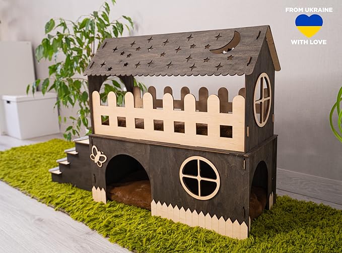Wooden rabbit house, bunny сastle with pillow, Add your pet's name for FREE (Add 1 pillow)