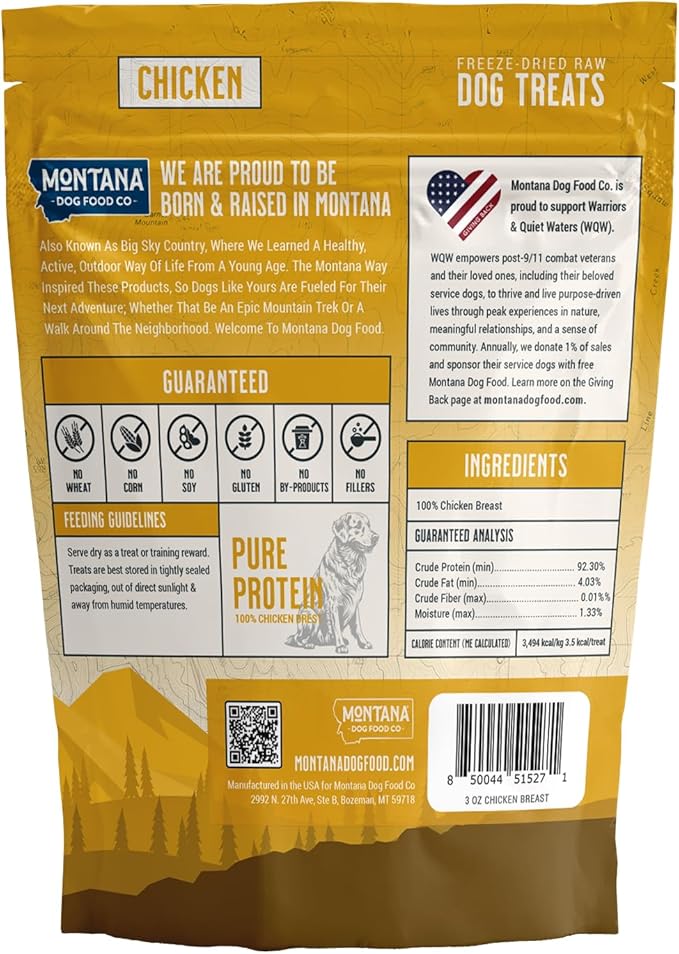 MONTANA DOG FOOD CO. Freeze-Dried Chicken Breast Dog Treats (Trail Snacks) – 100% All- Natural Freeze Dried Dog Treats, Single Ingredient, High Protein, Grain-Free, Made in USA – 3 oz Bag