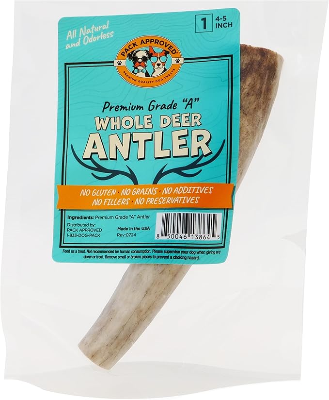 Whole Deer Antler for Dogs - Long Lasting Chews for Aggressive Chewers - Single Ingredient Odorless Treat for Small & Medium Dogs - 4-5" (1ct)