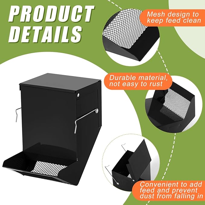 Maxcheck 2 Pcs Rabbit Feeder for Cages Small Animal Food Pellet Dispenser with Lid Metal Chicken Grit Oyster Shell Squirrel Feeders Outside(4.7 Inches,Mesh Bottom,Black)