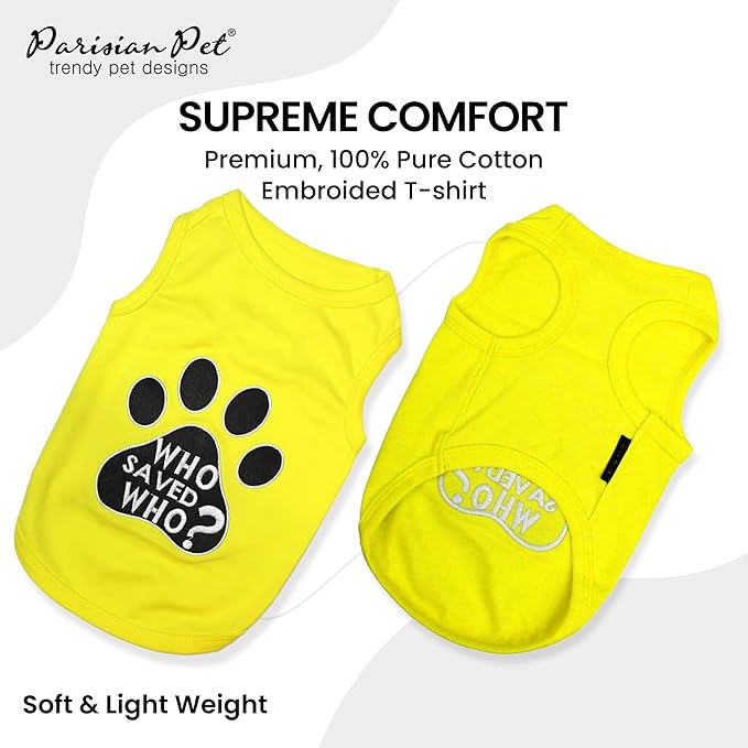 Parisian Pet Dog Shirt – 100% Cotton Shirts for Medium Dogs - Sleeveless Yellow Puppy Vest with Paw Print – Breathable Pet Apparel – Pullover Summer Dog Clothes - Stretchy Funny T Shirts for Dogs