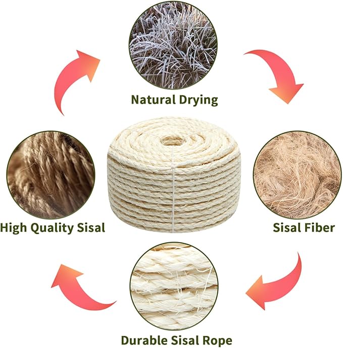 White Sisal Rope 1/4 Inch by 65-Feet for Cat Scratching Post Tree Tower Replacement Repair and Replace, DIY Hemp Twine Rope for Kittens Shelves Furniture Window Bed Perch Kicker Toys, 6mm by 20m
