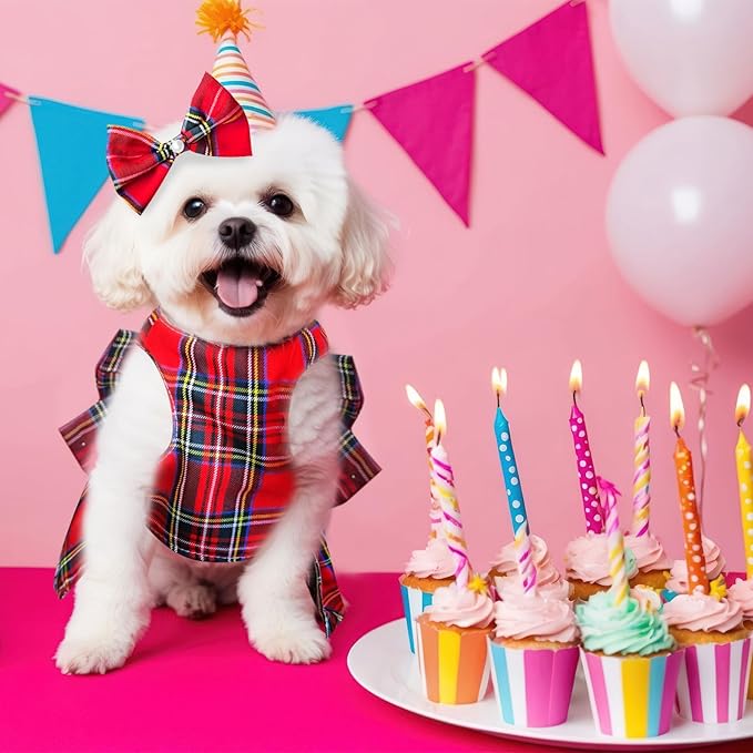 PETCARE Cute Dog Dress Clothes for Small Dogs Cats Girl Female Red Plaid Bow Tie Dog Harness Dresses Leash Set with Pearls Bow Accessories Birthday Puppy Dress Shih Tzu Yorkies Chihuahua Outfits