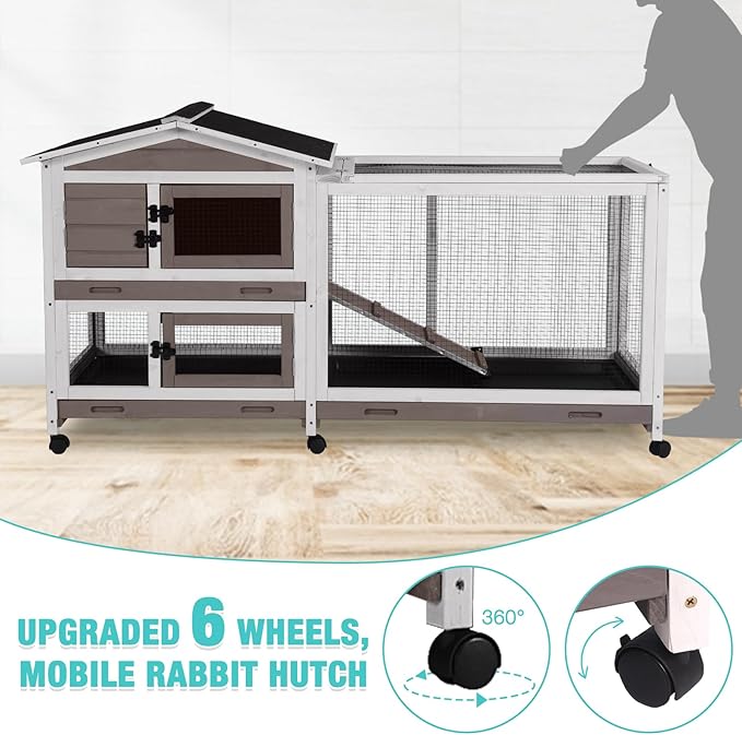 Suumerpety 62" Rabbit Hutch with Chew-Proof Ramp & Waterproof Roof - Indoor/Outdoor Bunny Cage, 2-Story Design, 6 Lockable Caster Wheels & Dual Pull-Out Trays (Brown)