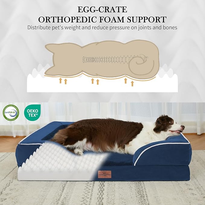 Comfort Expression Orthopedic Dog Bed for Extra Large Dogs 42x30 Inch, Waterproof Egg Crate Foam XL Pet Bed with Removable Bolsters, Dog Couch with Washable Cover & Non-Slip Bottom, Navy Blue