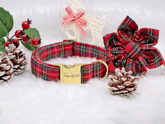 Uniqe Style Paws Christmas Grid Dog Collar, Female or Male Adjustable Puppy Collar with Flower, Durable Floral Pattern Pet Collar for X-Large Dogs