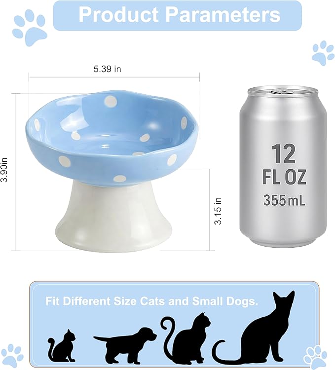 Ceramic Elevated Cat Bowls, Tilted Raised Pet Dish for Indoor Cats, Whisker Friendly Pet Food and Water Bowl for Kitten, Cat, Puppies, Dishwasher Safe (Blue)