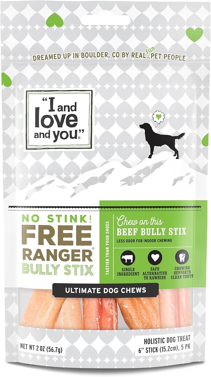 I and love and you Free Ranger No Stink! Natural Grain Free Bully Stix - Low Odor, 100% Beef Pizzle, 6-Inch, Pack of 5