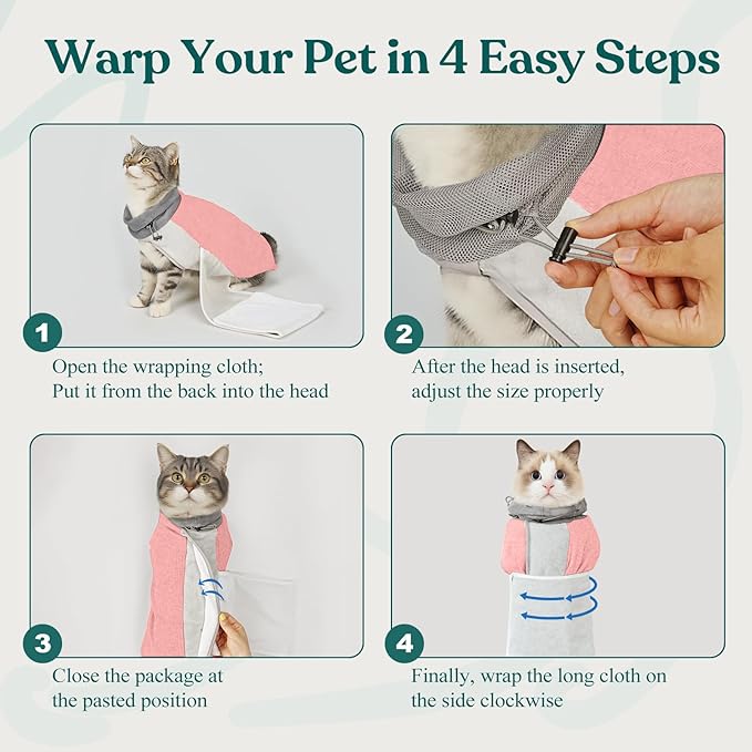 Supet Cat Grooming Wrap for Cutting Nails, Self-Adhesive Anti-Scratch Swaddle with Bite-Proof Mesh Hood & Thick Waist Strap Anti-Escape Bag for Nail Trimming, Medication, Ear Cleaning (Pink M)