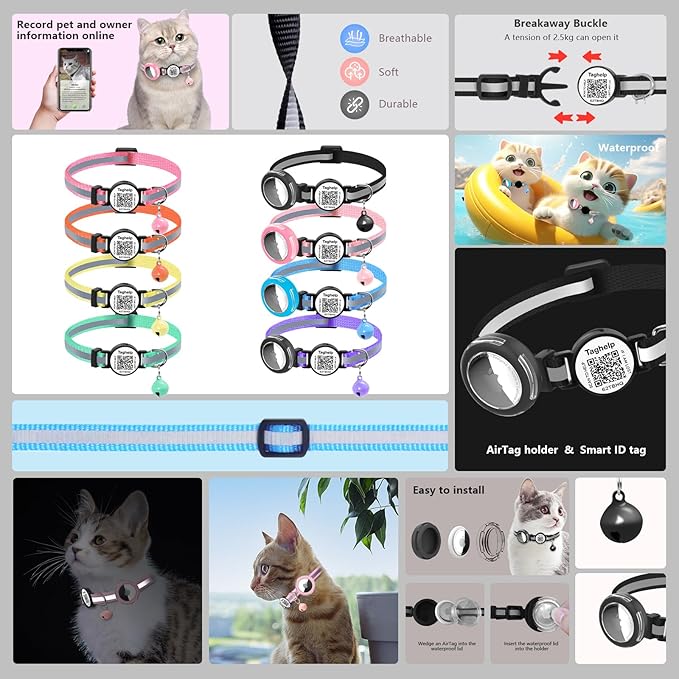 Waterproof Airtag Holder Cat Collar .Lightweight Kitten Collar for Apple Air tag. Solid &Safe,Reflective Pet Collar, Breakaway Smart ID tag, Scan QR Code for Instant Location Alerts (Black A)