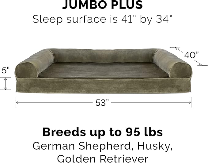 Furhaven Cooling Gel Dog Bed for Large Dogs w/ Removable Bolsters & Washable Cover, For Dogs Up to 125 lbs - Faux Fur & Velvet Sofa - Dark Sage, Jumbo Plus/XXL
