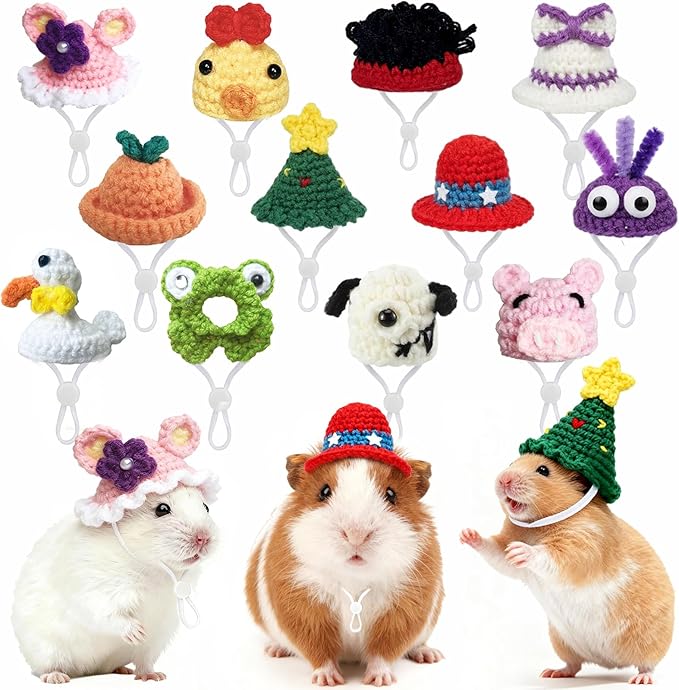 Hamster Hats Mini Party Hats for Small Animals, 12 Pcs Cute Hand Knitted Tiny Hats for Snakes Lizards Bearded Dragon Guinea Pig Bunny Reptile Pets Holiday Clothes Party Costume Accessories