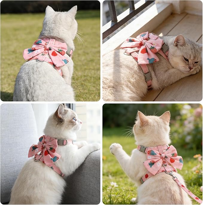 PAWCHIE Cat Harness and Leash Set Escape Proof with Bow Knot, Adjustable Kitten Vest Harness for Outdoor Indoor Use, Lightweight Soft Walking Travel Pet Harness for Medium Cats Boys Girls,Pink M