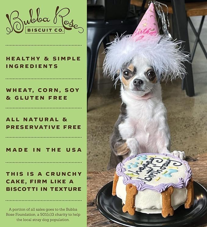Bubba Rose Biscuit Company: White Birthday Dog Cake - Crunchy Biscuit Texture - Natural Gourmet Treat - Cake - 4.25” 1 Count - Made in The USA