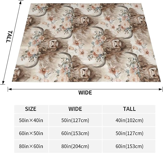 Highland Cow and Floral Blanket Gifts for Women Men Adults Cow Lovers, Farmhouse Plush Fleece Throw Blankets, Cozy Soft Warm Bedding Decor for Sofa Living Room Travel 60"x80"