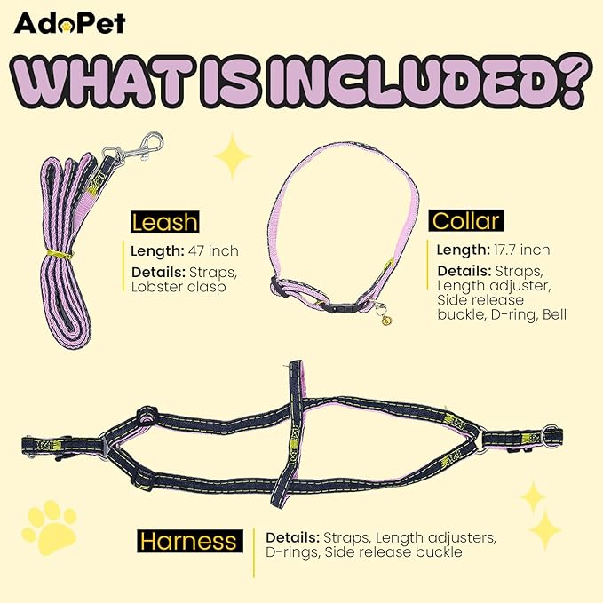 Adjustable Cat Harness, Leash and Collar Set for Small & Medium Cats, Lightweight Breathable Walking Harness with Matching Leash and Bell Collar (Pink, Medium)
