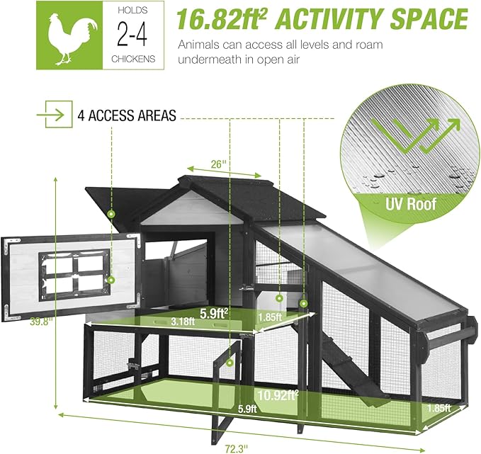 GUTINNEEN Chicken Coop with Wheels, Expandable Hen House Poultry Cage with Run, UV-Protected Roof, Divided Nesting Boxes, Easy One-Person Move, Ideal for 2 Adult Chickens or 4 Bantams, 72.3" L, White