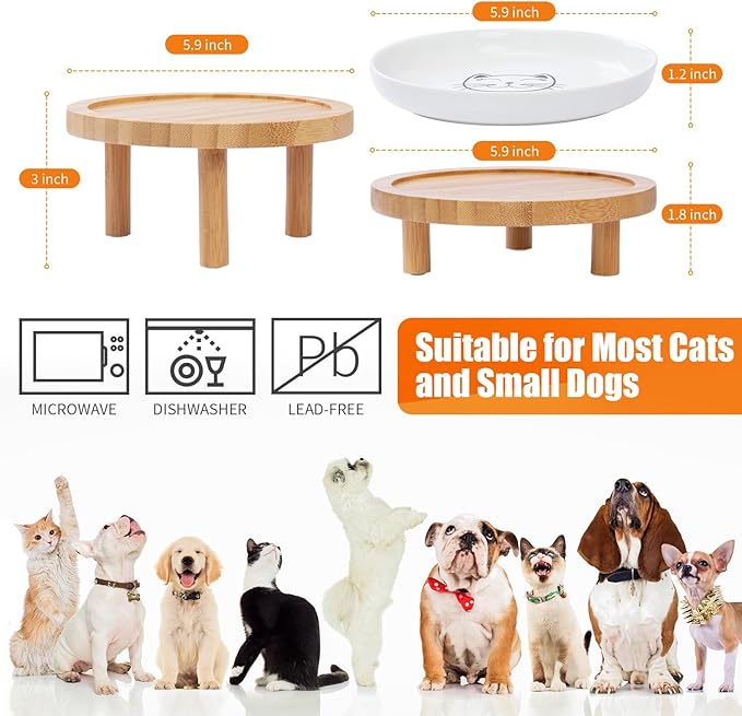 Lusifaco Shallow Elevated Cat Bowls,5.9 Inch Wide Raised Ceramic Cat Dishes with Bamboo Stand, Whisker Friendly Pet Water or Food Plates Feeding Station for Indoor Cats, Kitten(Pink,Set of 2)