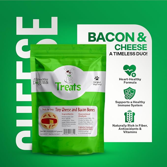 Healthy Dogma Cheese & Bacon Dog Treats | Savory Cheese & Bacon Flavor Tiny Bones | All-Natural, Wholesome Ingredients | Tasty & Nutritious Dog Snacks (6 oz)