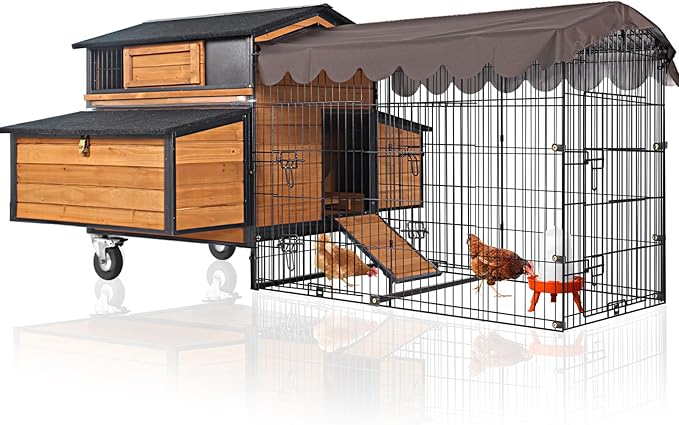 GUTINNEEN Large Metal Frame Chicken Coop for 6–8 Chickens, Solid Fir Wood Hen House with Reinforced Nesting Boxes, Oversized Wheels, Weatherproof Roof & Predator-Proof Run, 76.7" L x 53.8" W x 36.8" H