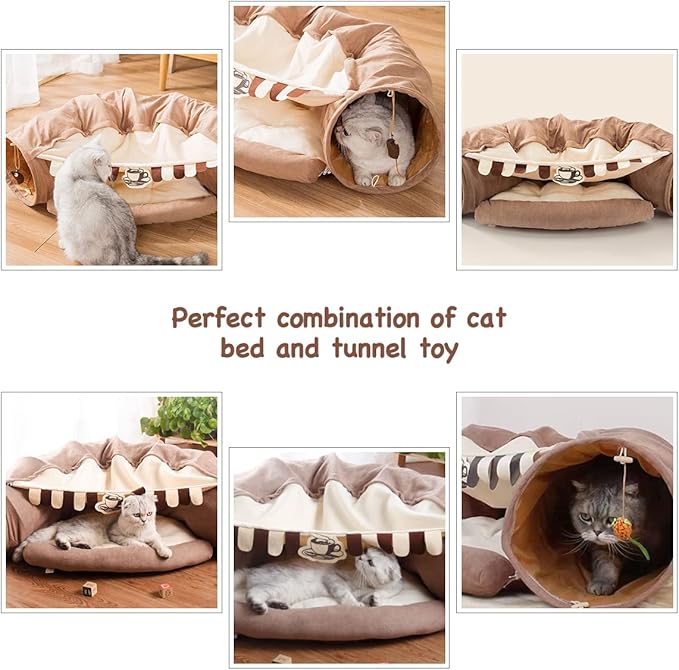 EAEDMY Cat Rabbit Tunnel Bed Nest for Cats Indoor, with Collapsible Washable Soft Cushion, Plush Ball and Exercise Wheel Tube, Fit for Puppy Bunny Kitty Kitten Ferret(2.Coffee)