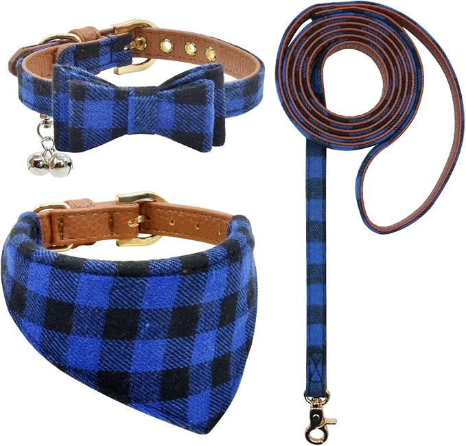 3PCS Bow Tie Dog Collar and Leash Set Plaid/Camo/Dots/Flower Dog Bandanas with Bell 3 Size Adjustable for Small Dogs Puppies and Cats (XS, Blue Plaid 1)