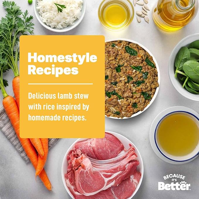 Because It's Better Entrée Complete Meal, Lamb Stew with Rice, Human Grade Wet Dog Food, 10 oz Pouches, 6 Count