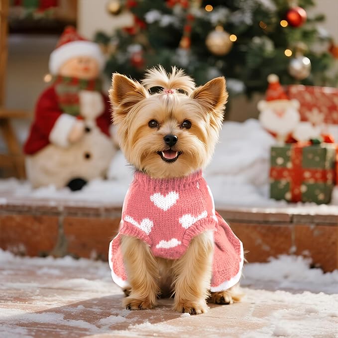 Dog Sweaters Heart Knitted Sweaters Dress Winter Coat Puppy Warm Holiday Clothes for Medium Dogs Cats Christmas New Year Valentine's Day （Medium, Pink）