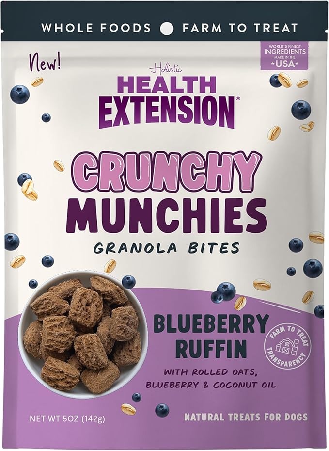 Health Extension Crunchy Munchies Granola Bites Blueberry Ruffin Flavor, Natural Limited Ingredient Dog Treats with Rolled Oats & Coconut Oil, Made in The USA (5oz Bag)