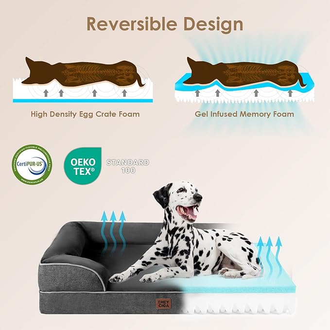 EHEYCIGA Orthopedic Dog Beds for Extra Large Dogs, Waterproof Memory Foam XXL Pet Bed with Sides, Non-Slip Bottom and Egg-Crate Foam Big Dog Couch Bed with Washable Removable Cover, Dark Grey