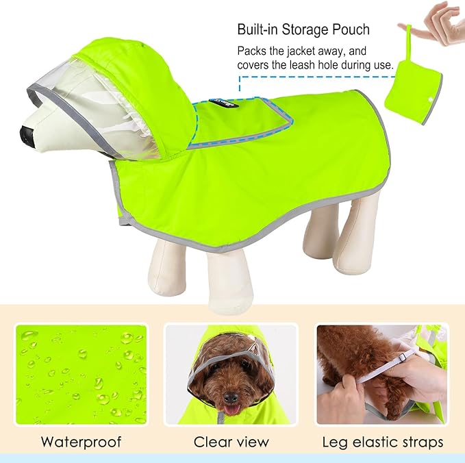 Lukovee Dog Raincoat, Adjustable Dog Rain Jacket with Clear Hooded Double Layer for Large Medium Small Dogs Puppies, Waterproof Rain Coat Poncho with Reflective Storage Pocket & Rim (Green, M)
