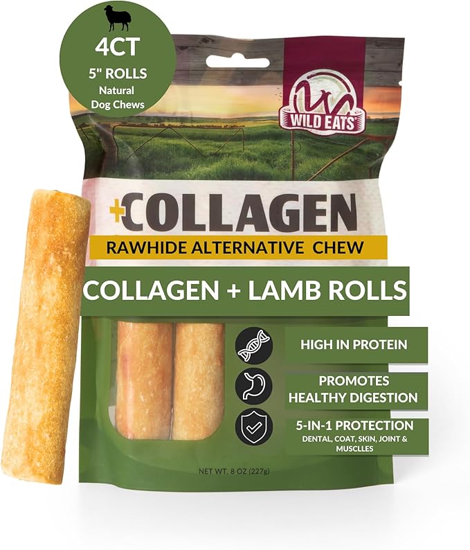 Wild Eats Lamb Flavor Collagen Retriever Style Cheek Rolls 5" Dog Chews-4 Pack (Long Lasting Dog Chews Treats & Bones for Medium Dogs) Substitute for Pig Ears for Dogs