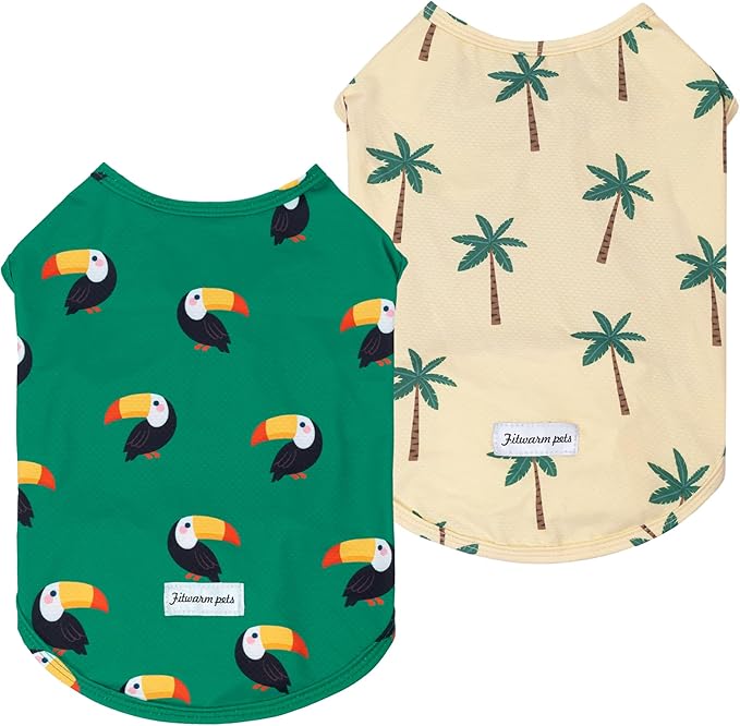 Fitwarm 2 Pack Toucan & Palm Tree UPF 50+ Sun UV Protection Dog Shirt, Lightweight Cooling Vest, Quick Dry Summer Clothes for Small Dogs Boy Girl, Pet Outfit, Green, Beige, XS
